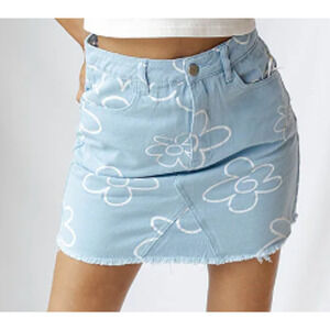 BAILEY ROSE SZ XS light blue denim distressed daisy print mini skirt NWT B86